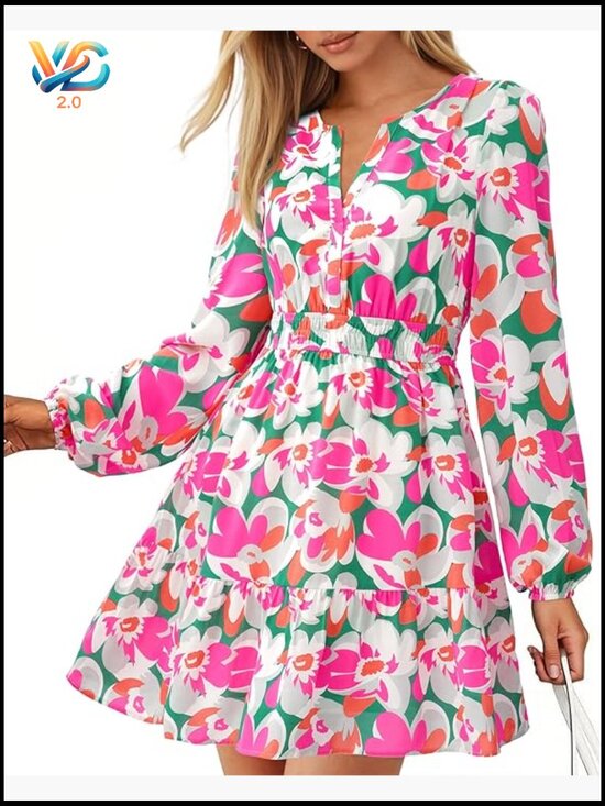Dresses & Skirts - Mini Long Sleeve A-Line Dress with Pockets V-Neck